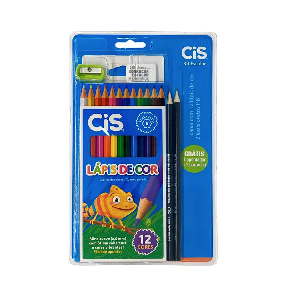 Lápis de Cor 12 Cores +1 Apontador +1 Borracha Cis